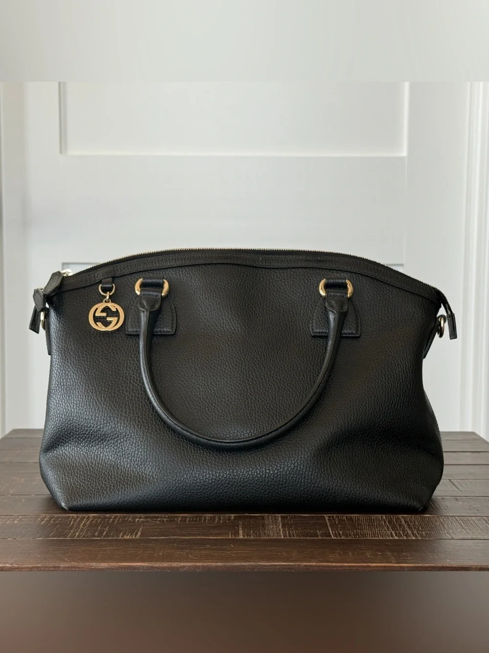 Gucci Black Pebbled Leather Satchel with Gold-Tone Charm